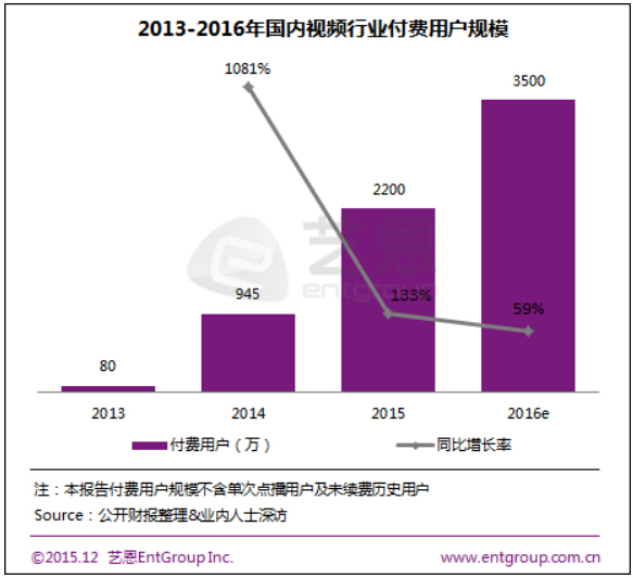 2015中国视频行业付费市场用户规模分析