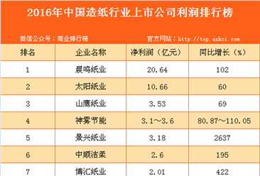 2016年中国造纸行业上市公司利润排行榜