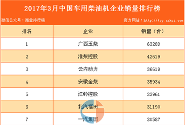 2017年3月中国车用柴油机企业销量排行榜