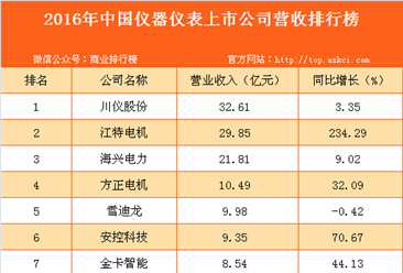 2016年中国仪器仪表上市公司营收排行榜