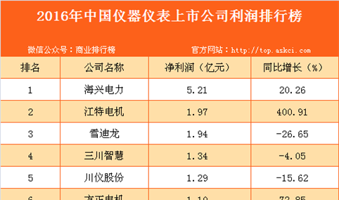 2016年中国仪器仪表上市公司利润排行榜