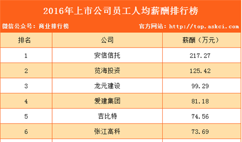 2016年上市公司员工人均薪酬排行榜（TOP100）