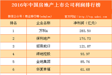 2016年中国房地产上市公司利润排行榜