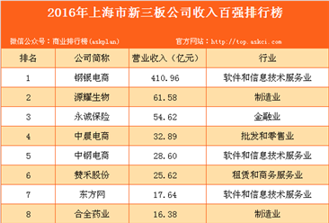 2016年上海新三板公司收入百强排行榜