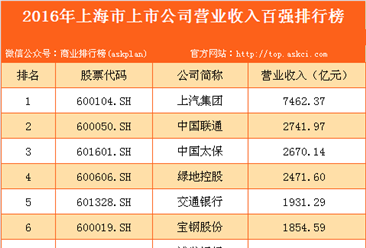 2016年上海市上市公司营业收入百强排行榜