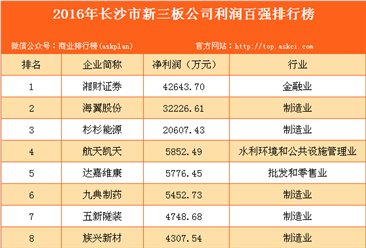 2016年长沙市新三板公司利润百强排行榜