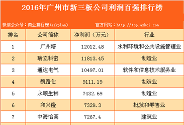 2016年廣州市新三板公司利潤百強排行榜