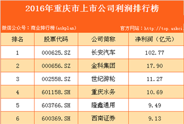 2016年重庆上市公司利润排行榜