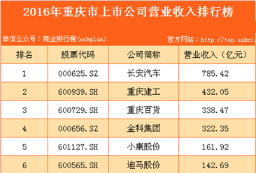 2016年重庆市上市公司营业收入排行榜