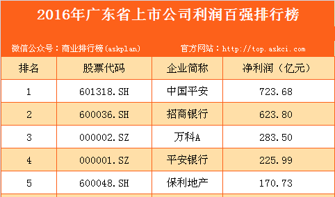 2016年广东省上市公司利润百强排行榜