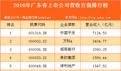 2016年广东省上市公司营收百强排行榜