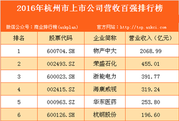 2016年杭州市上市公司营收百强排行榜