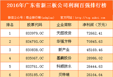 2016年廣東省新三板公司利潤百強排行榜