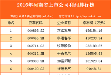 2016年河南省上市公司利润排行榜