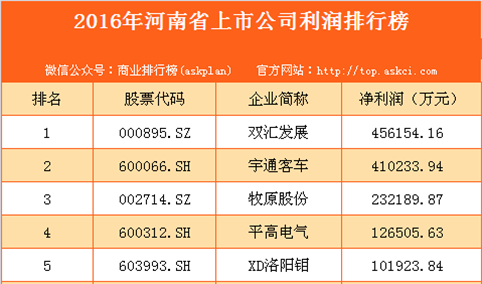2016年河南省上市公司利润排行榜