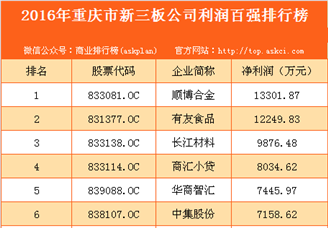 2016年重庆市新三板企业利润百强排行榜
