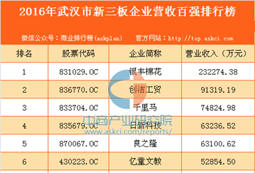 2016年武漢市新三板企業營收百強排行榜