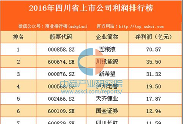 2016年四川省上市公司利潤排行榜