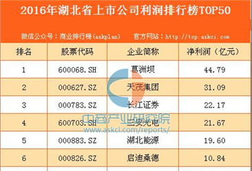 2016年湖北省上市公司利潤排行榜