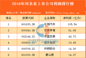2016年河北省上市公司利潤排行榜TOP50