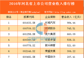 2016年河北省上市公司营业收入排行榜