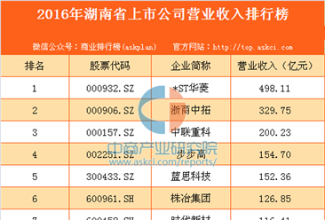 2016年湖南省上市公司營業收入排行榜