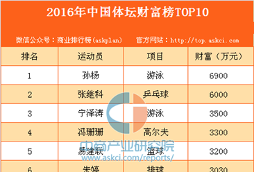 2016年中國體壇財富榜TOP10