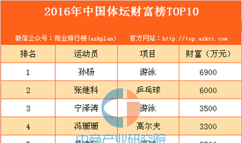 2016年中国体坛财富榜TOP10