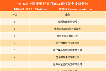 2016年中国服装行业利润总额企业排行榜（TOP100）