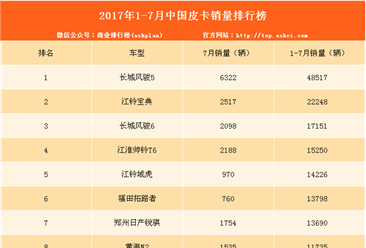 2017年1-7月皮卡销量排名：长城风骏5第一（附榜单）