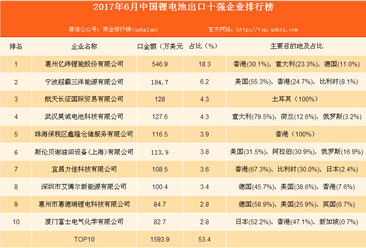 2017年1-6月中国锂电池出口十强排名分析