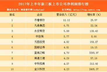 齊魯銀行最賺錢！2017上半年新三板上市公司凈利潤排名出爐