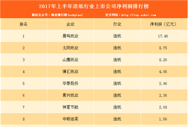2017上半年造纸行业上市公司净利润排行榜：晨鸣纸业第一