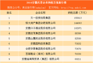 2016安徽民营企业纳税百强排行榜：恒大第二 口子窖第三（附完整榜单）
