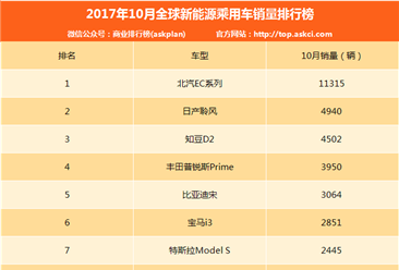 2017年10月全球新能源乘用车销量排行榜（TOP10）
