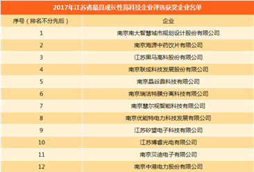 2017年江苏最具成长性高科技百强企业名单公布（附完整名单）