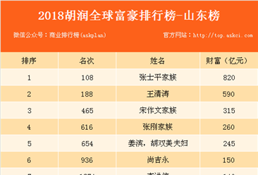 2018胡潤全球富豪榜之山東上榜富豪：山東哪里富豪最多？（附榜單）
