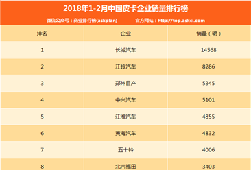 2018年1-2月中国皮卡企业销量排行榜（TOP10）