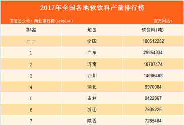 2017年全國各地軟飲料產量排名：廣東省排名第一（圖）