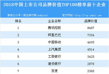 2018中国上市公司品牌价值TOP100排行榜