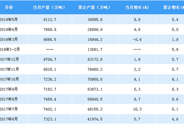 2018年1-5月中国粗钢产量统计分析：产量累计增长5.4%（附图表）