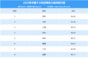 2018年中国十大科技领先力城市排行榜
