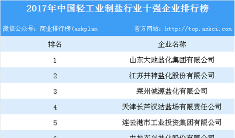 2017年中国轻工业制盐行业十强企业排行榜