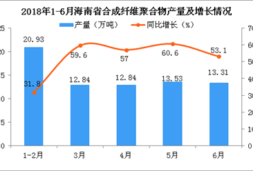 2018年6月海南省合成纖維聚合物產量同比增長53.1%