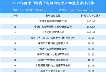 2017年中国锂离子电池销售收入30强企业榜单出炉：销售收入合计1223.03亿