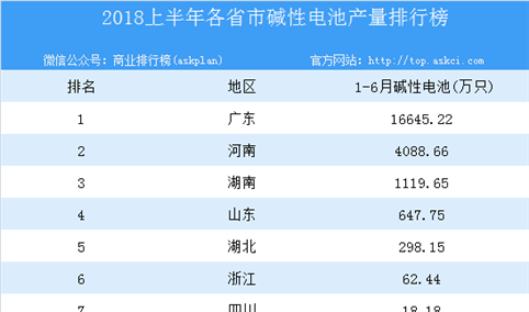 2018年上半年全国各省市碱性电池产量排行榜