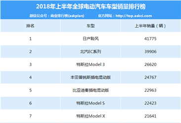 2018年1-6月全球电动汽车车型销量排行榜