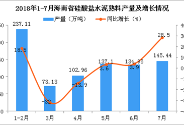 2018年7月海南省硅酸盐水泥熟料产量为145.44万吨 同比增长28.5%