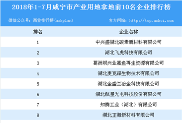 产业地产情报：2018年1-7月咸宁市产业用地拿地前10名企业排行榜
