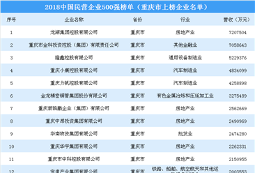 2018年中国民营企业500强排行榜（重庆市上榜企业名单）